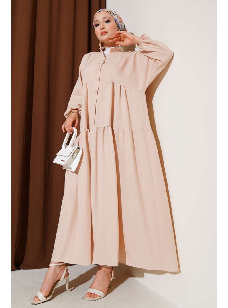 Volt Clothing Bej Hakim Yaka Yarım Düğmeli Patlı Elbise