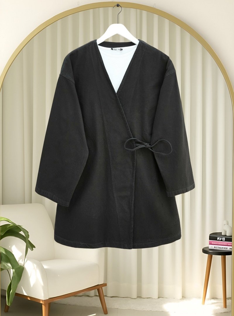 Podyumplus Siyah Yandan Bağlamalı Kot Kimono