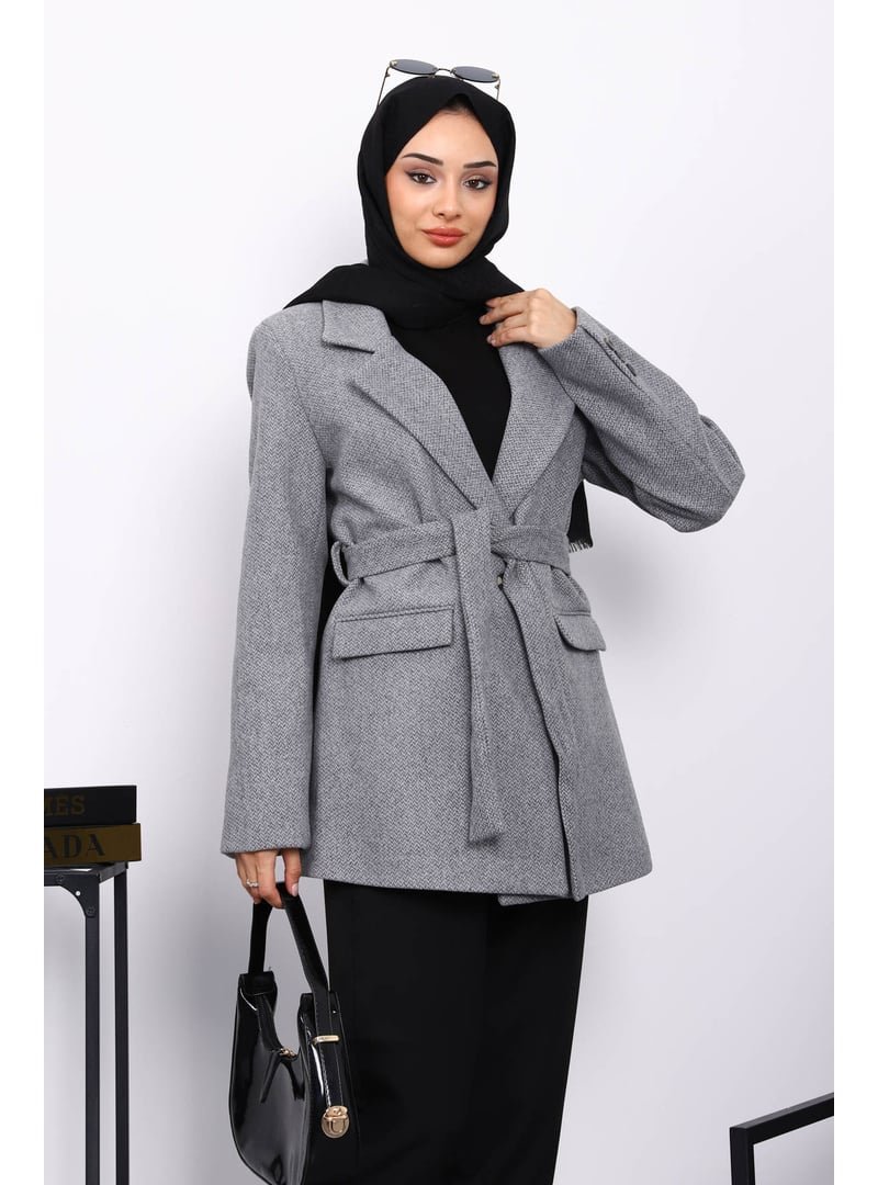 İmaj Butik Gri Kuşaklı Astarlı Kısa Kaşe Kaban