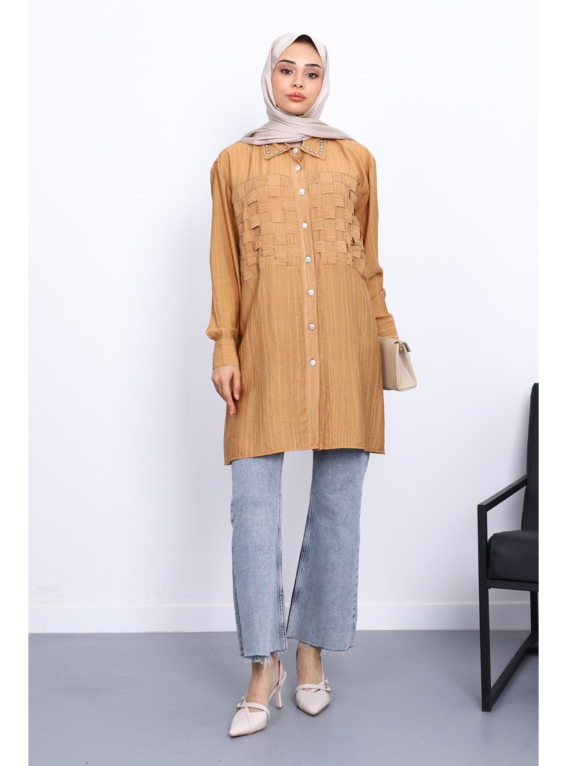 İmaj Butik Camel Yaka Taşlı Ön Örgülü Tunik