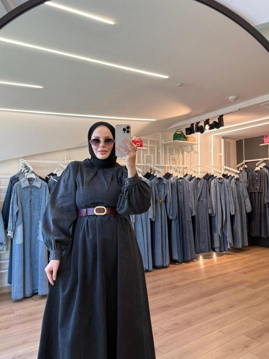 OlaLady Siyah Sivri Yaka Balon Kollu Tessettür Denim Kot Pardesü