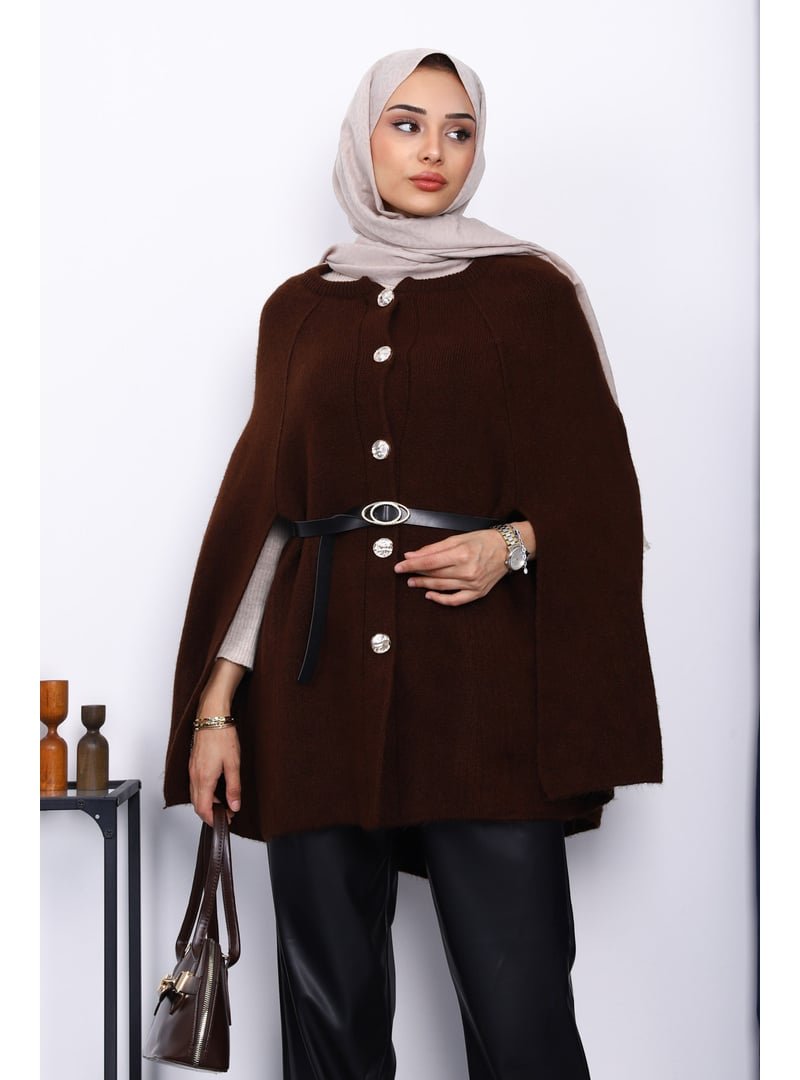 İmaj Butik Kahverengi Kemerli Şordonlu Triko Panço