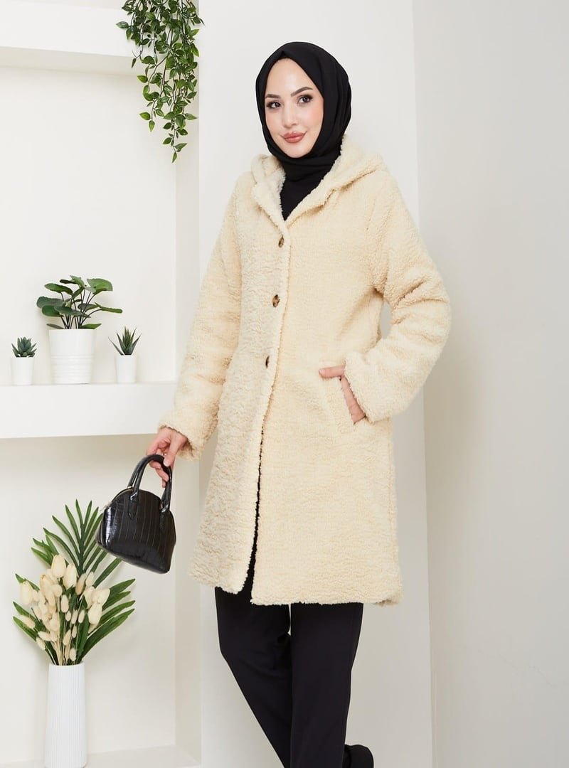 Harmatime butik Kürk Kumaş Astarlı Düğmeli Kapüşonlu Bej Kaban
