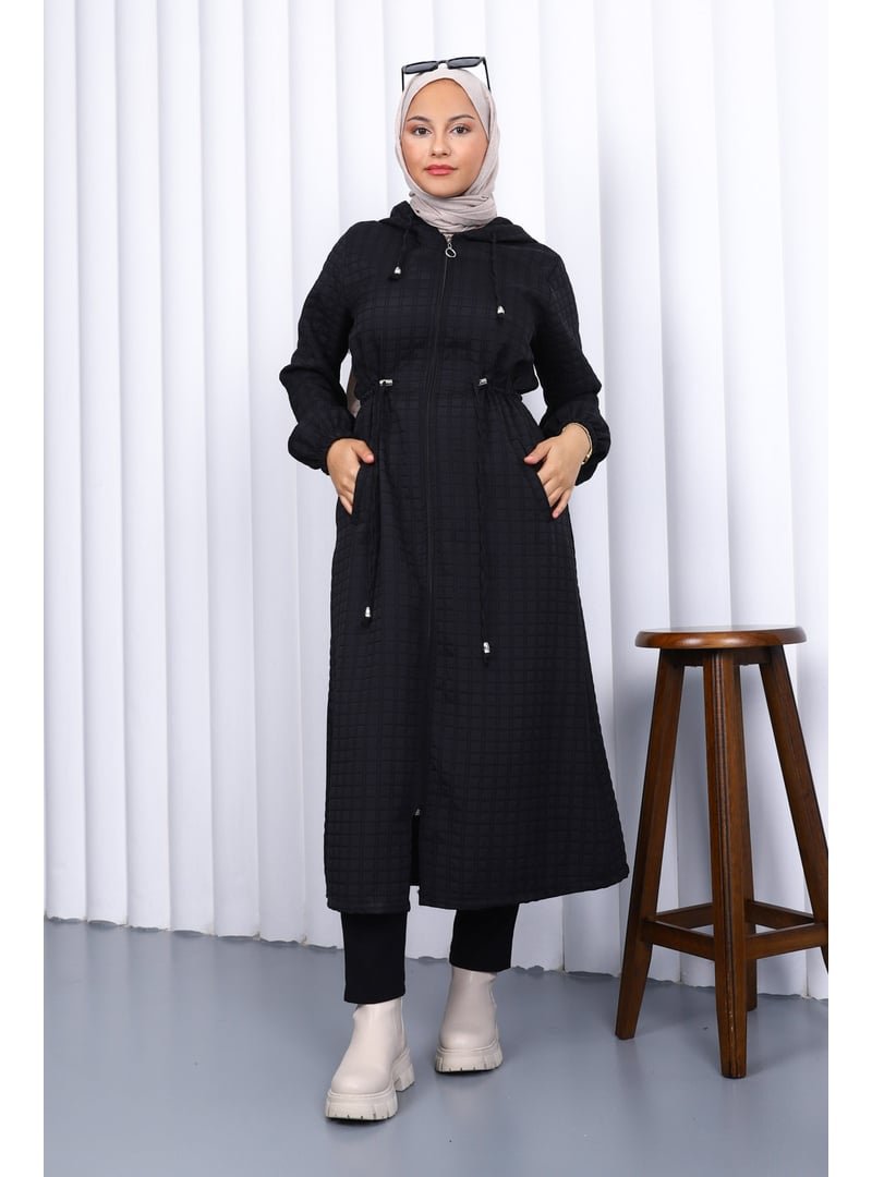 İmaj Butik Siyah Kapüşonlu Büyük Beden Kapitone Uzun Kaban