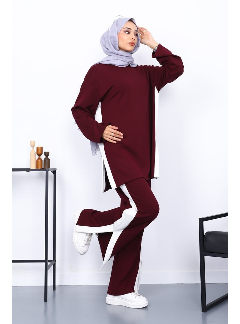 İmaj Butik Mürdüm Renk Bloklu Tunik Pantolonlu Takım