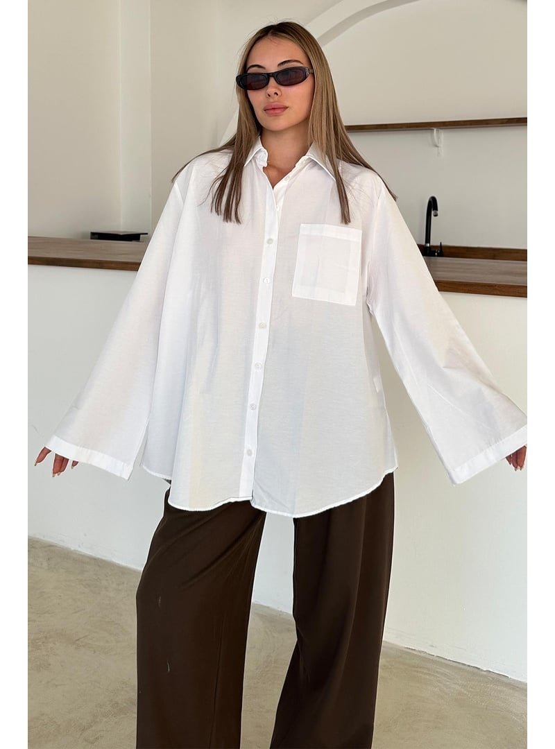 Olcay Beyaz İspanyol Kol Salaş Pamuklu Gömlek Olcay Beyaz İspanyol Kol Salaş Pamuklu Gömlek