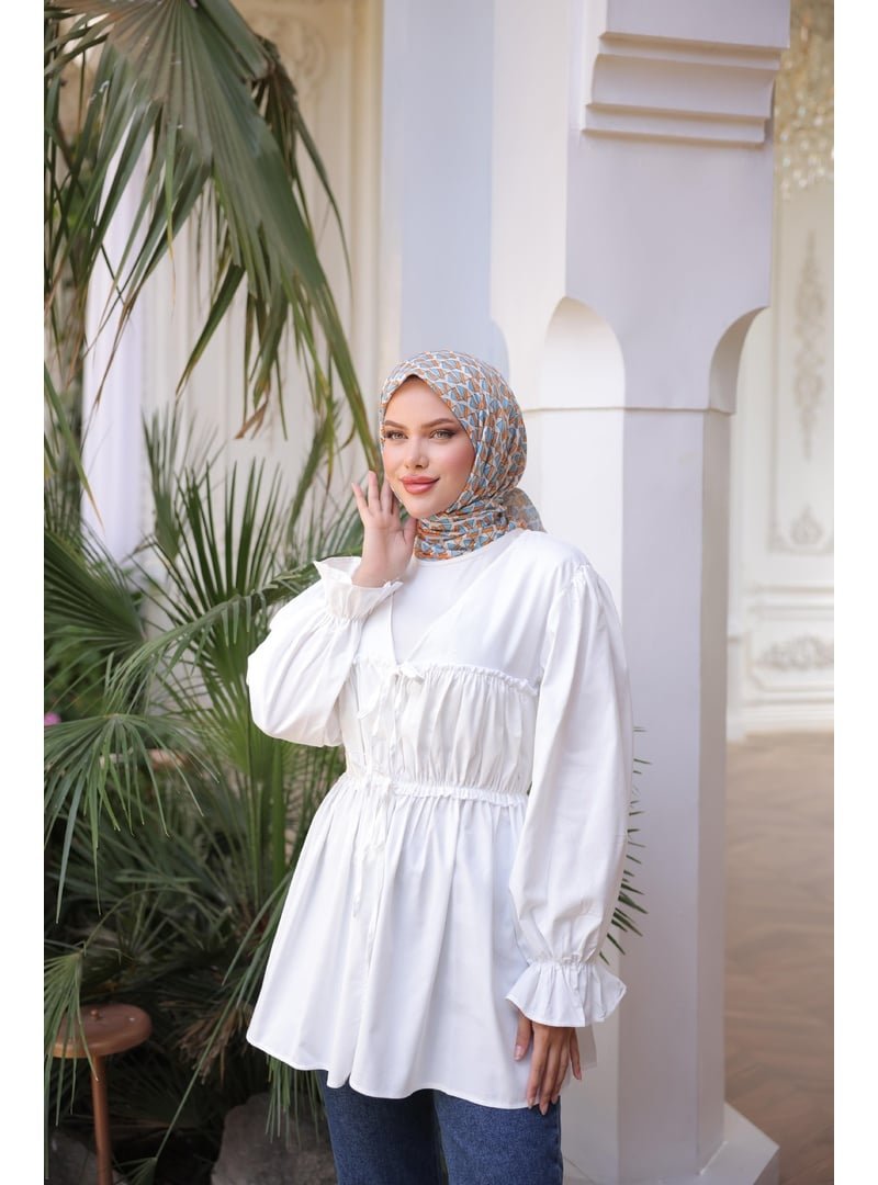 Nergis Neva Beli Büzgülü Lastikli Kimono Tunik