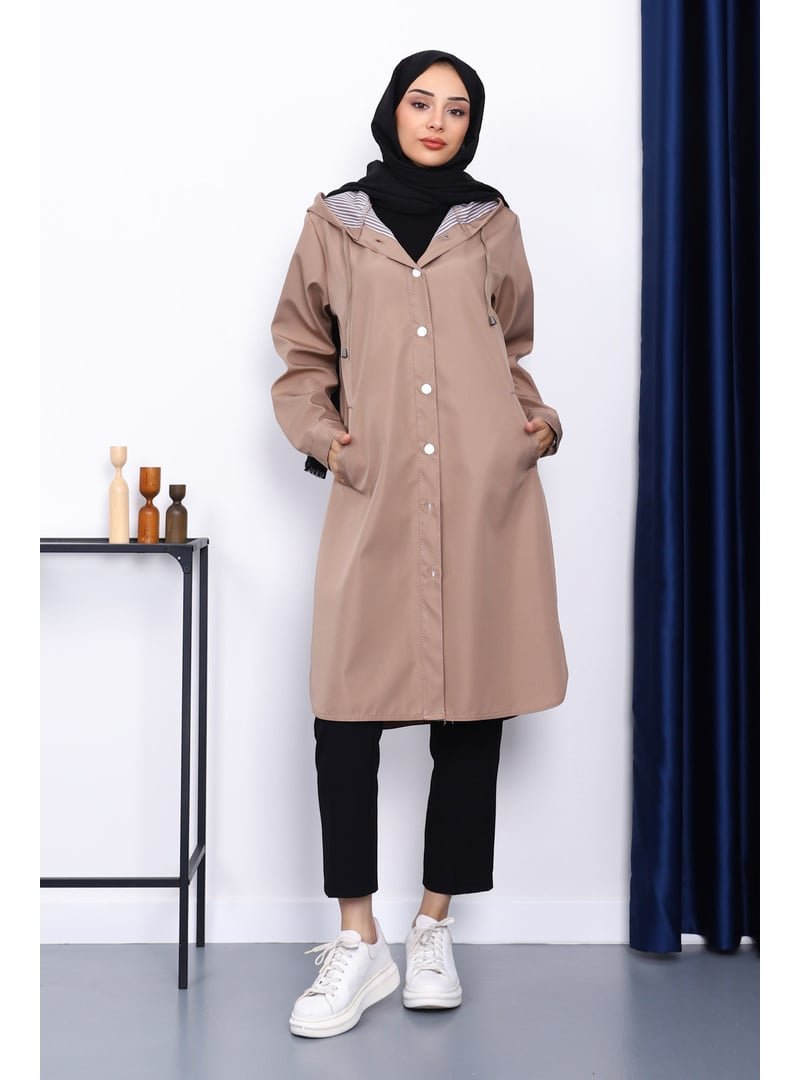 İmaj Butik Vizon Kapüşonlu Düğme Detaylı Trençkot