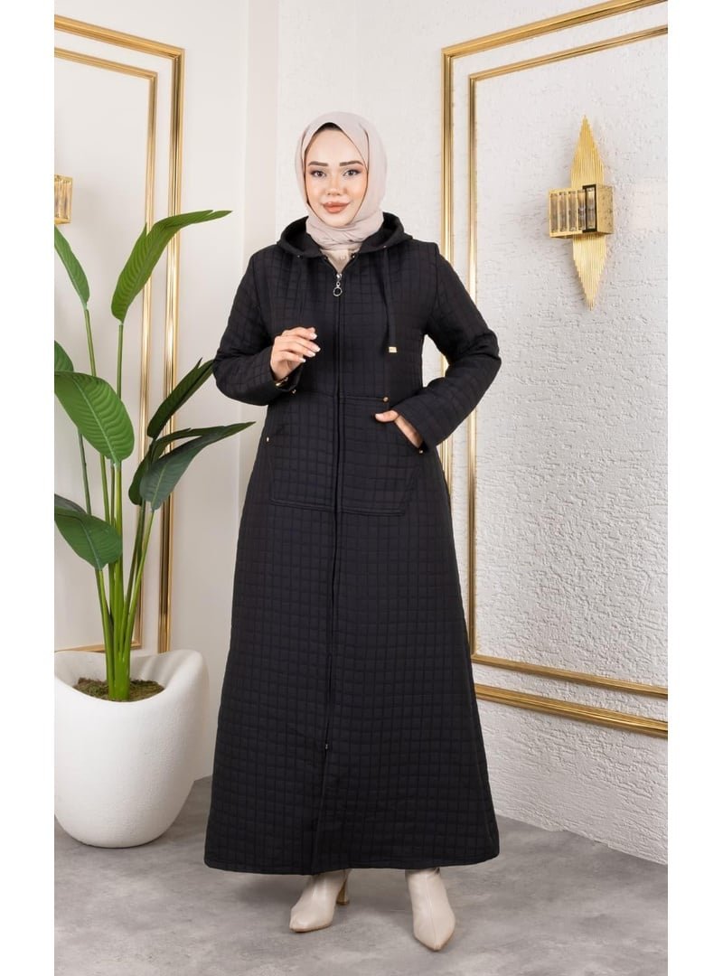Harmatime butik Kapüşonlu Fermuarlı Cepli Siyah Kapitone Uzun Kap