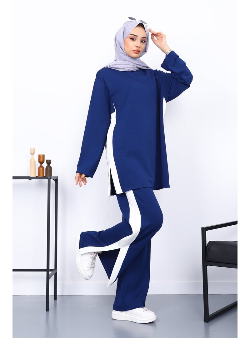 İmaj Butik Lacivert Renk Bloklu Tunik Pantolonlu Takım