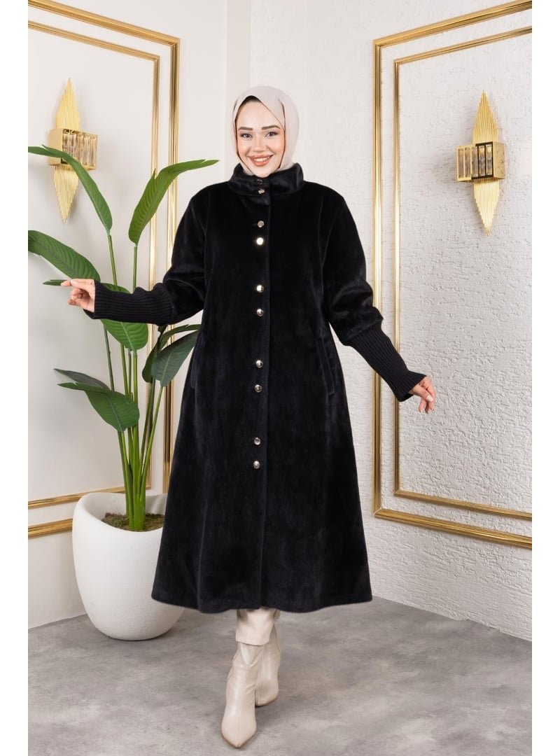 Harmatime butik Astarlı Angora Düğmeli Siyah Kaban