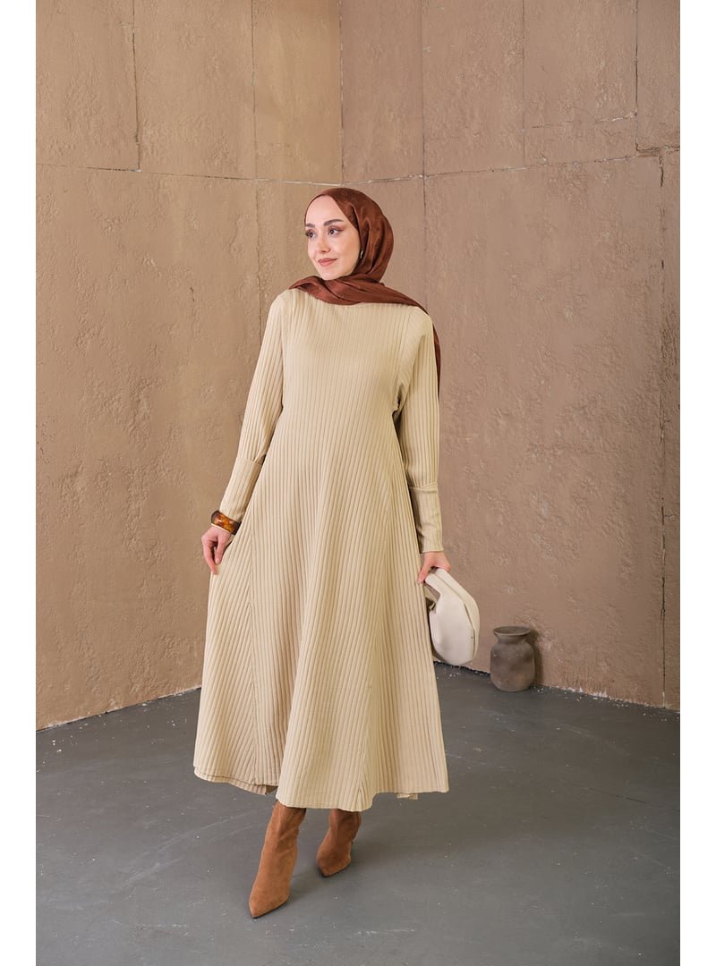Locco Moda Krem Kendinden Desenli Triko Elbise