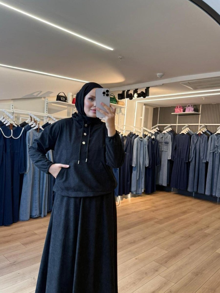 OlaLady Siyah Süet Kumaş Kapüşonlu Etek Sweatshirt İkili Takım