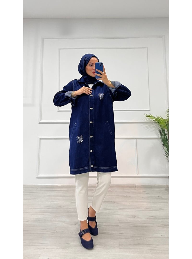 Destemoda Koyu Mavi Kot Taş Detaylı Cepli Uzun Ceket Denim