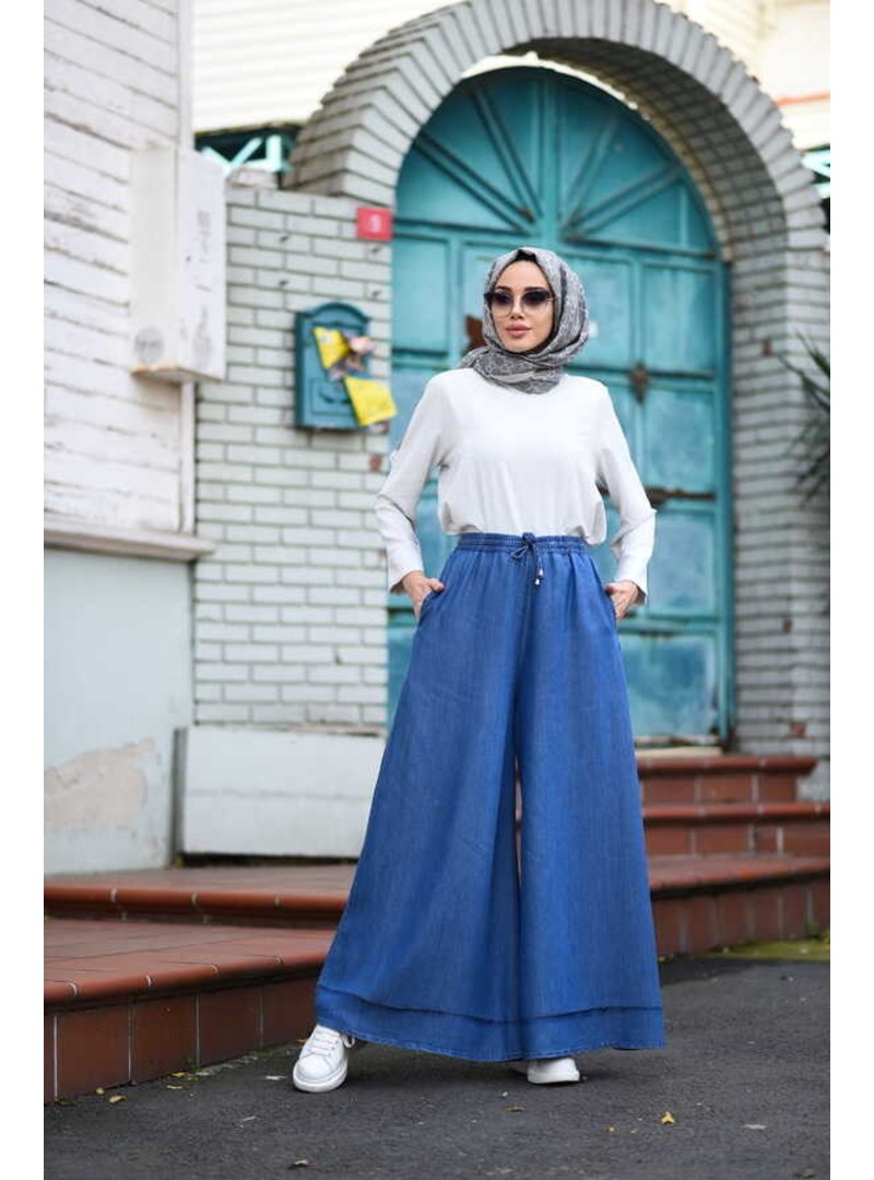 Neways Koyu Mavi Denim Tensel Lastikli Bol Paça Pantolon