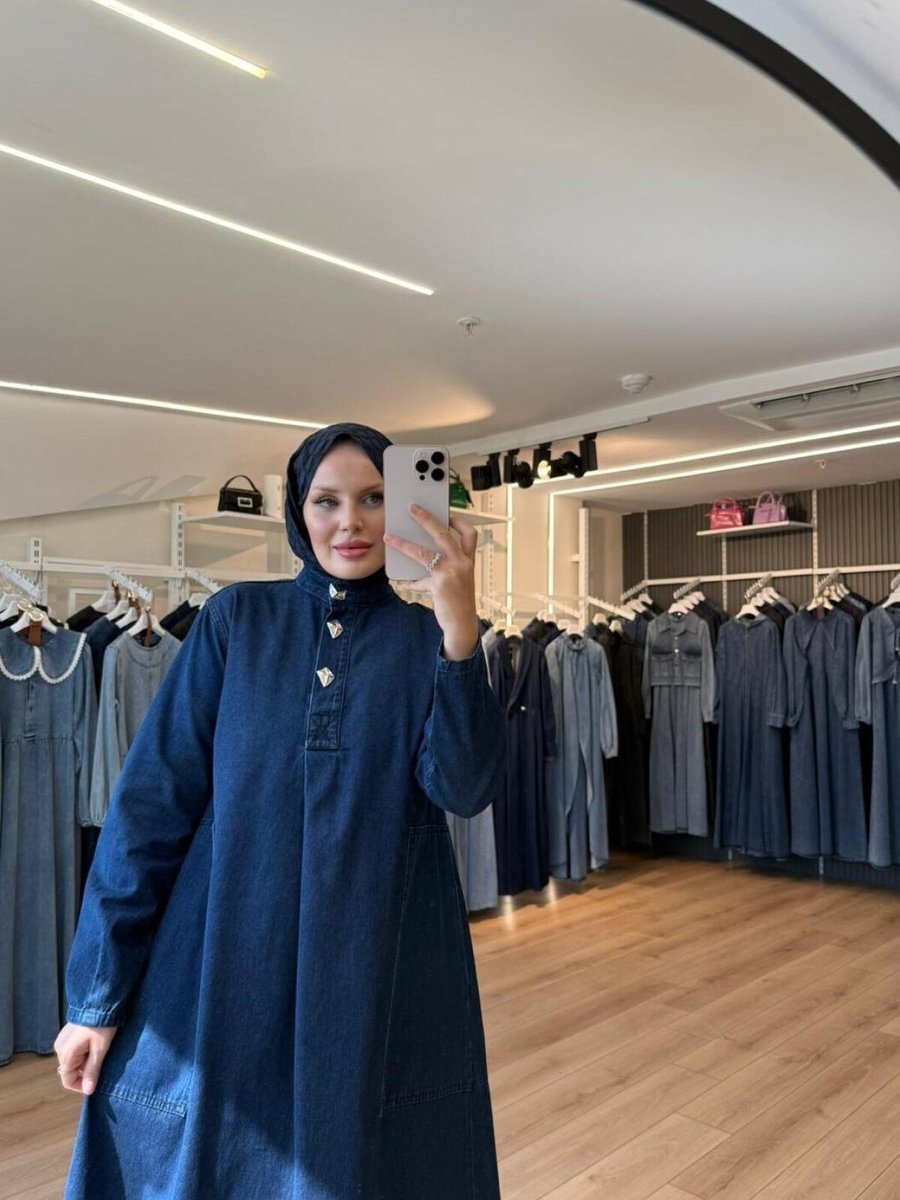 OlaLady Lacivert Düğmeli Arkası A Pile Büyük Cepli Denim Kot Elbise