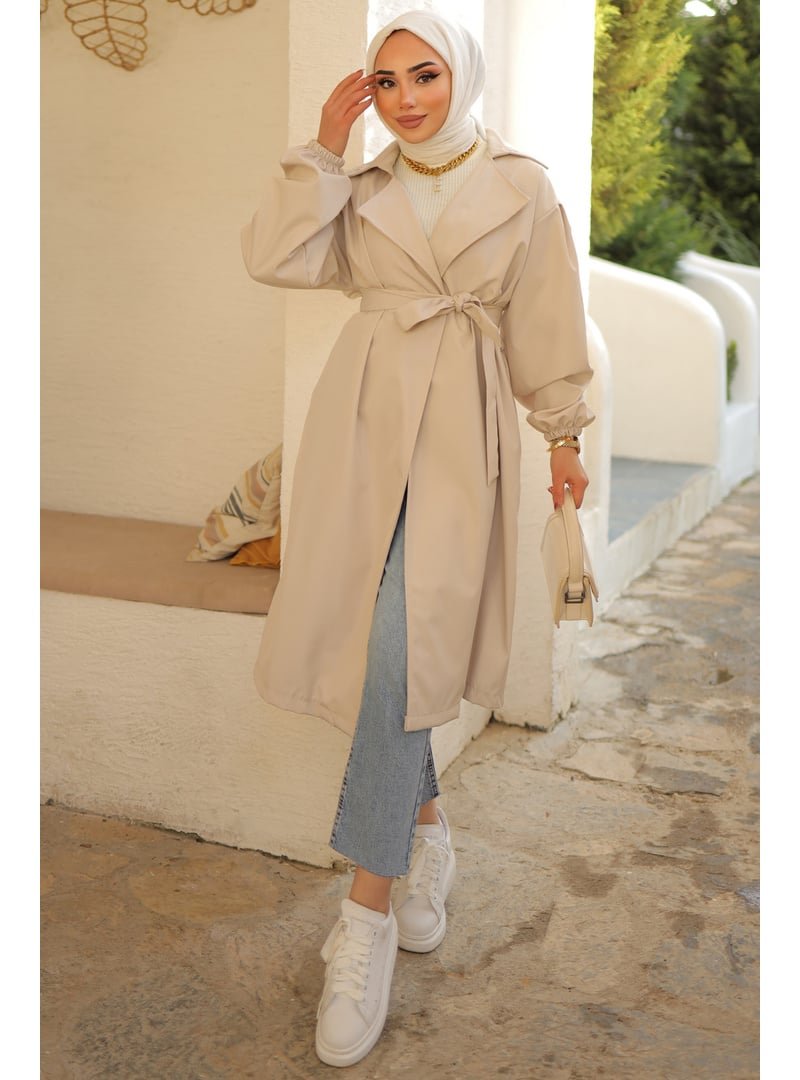 Liz Butik Ekru Kuşaklı Trenç