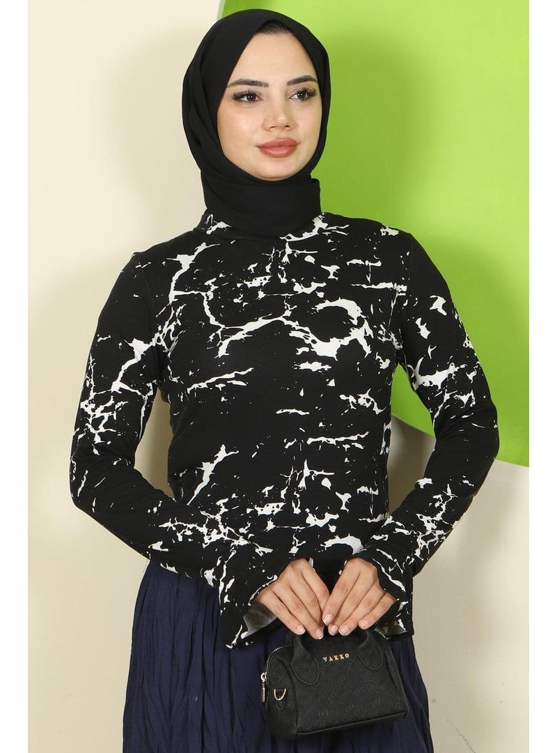 Hafsa Mina Siyah Mermer Desen Manşeti Volanlı Bisiklet Yaka Body Hafsa Mina Siyah Mermer Desen Manşeti Volanlı Bisiklet Yaka Body