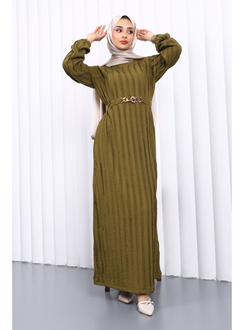 İmaj Butik K. Yağyeşili Beli Kemerli Fırfır Detaylı Gofre Elbise