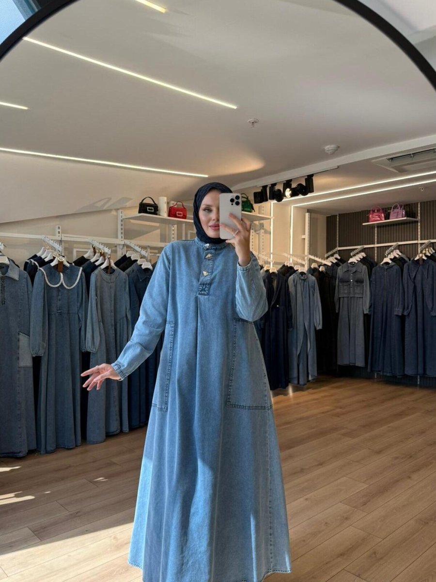 OlaLady Mavi Düğmeli Arkası A Pile Büyük Cepli Denim Kot Elbise
