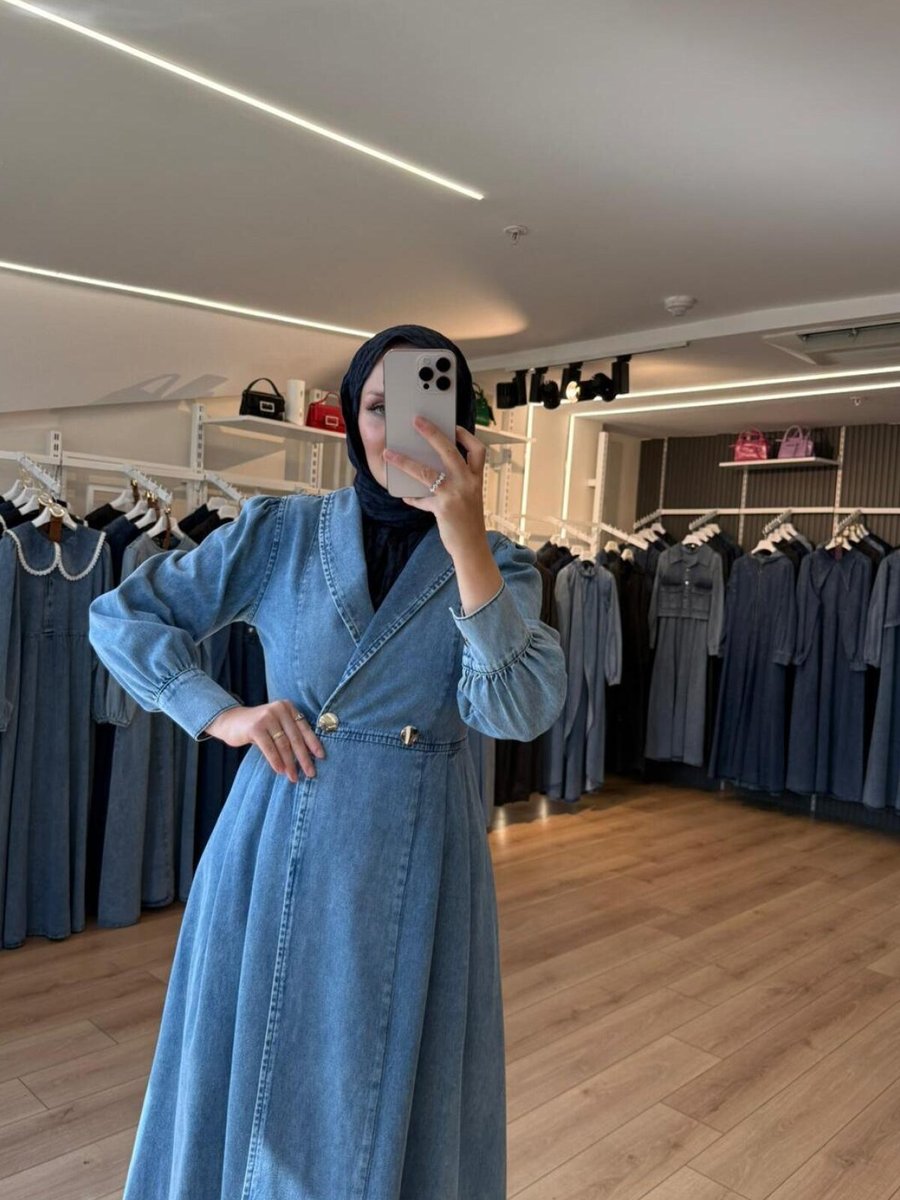 OlaLady Mavi Kruvaze Yaka Çift Düğmeli Denim Kot Kap Pardesü