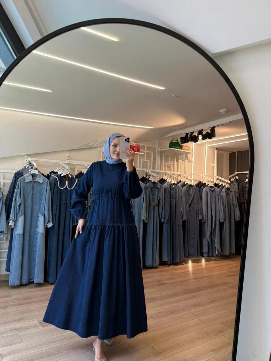 OlaLady Lacivert Beli Büzgülü Bağcıklı Eteği Katlı Kloş Denim Elbise