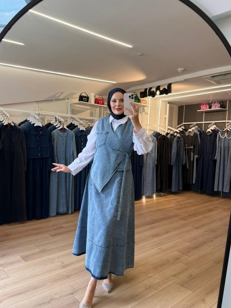 OlaLady Mavi Asimetrik Yelekli Yandan Kuşaklı Denim İkili Takım