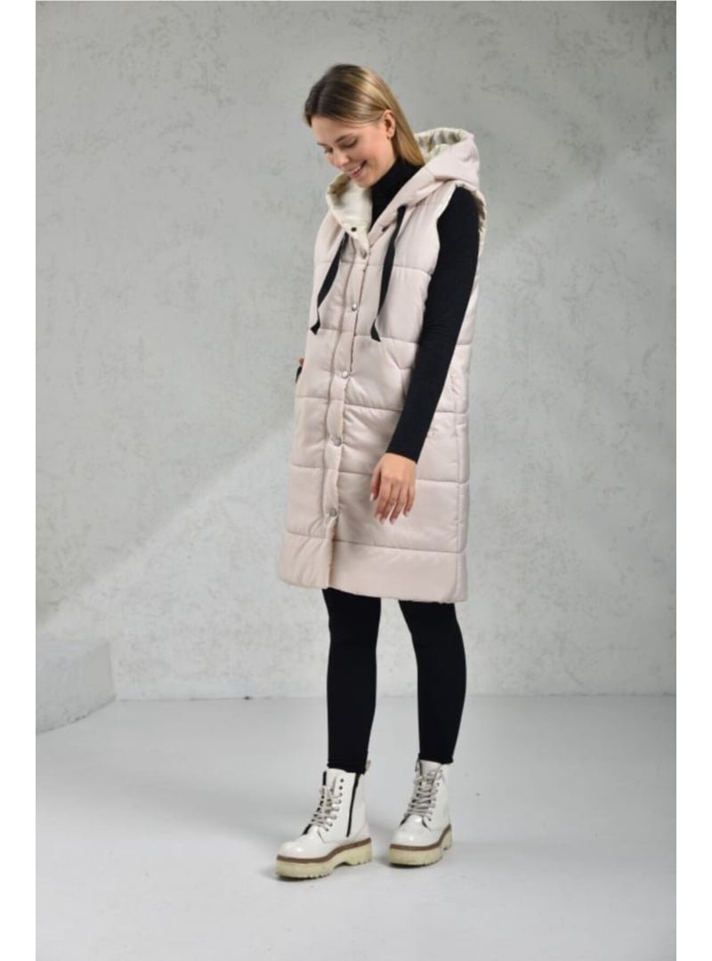 Volt Clothing Krem Sütlü Kahve Kapüşonlu Cepli Şişme Yelek