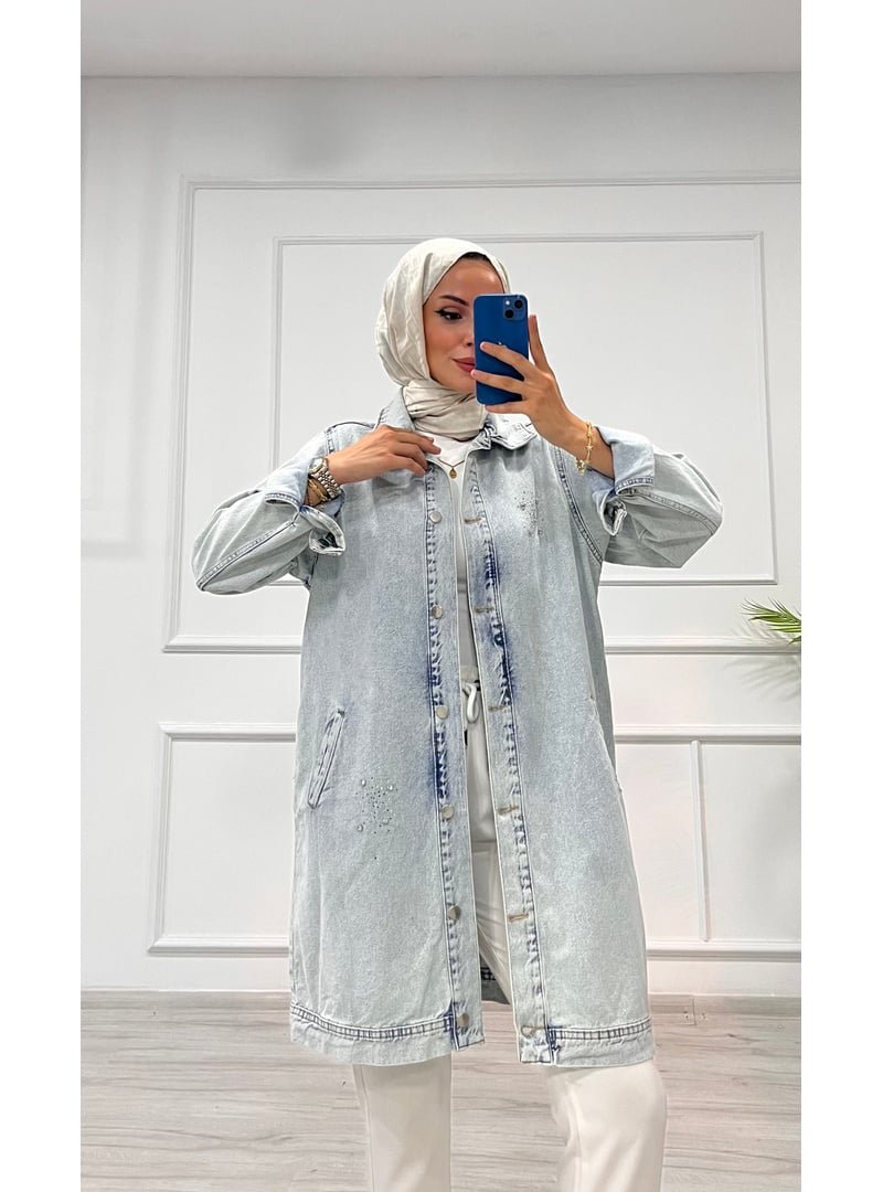 Destemoda Açık Mavi Kot Taş Detaylı Cepli Uzun Ceket Denim