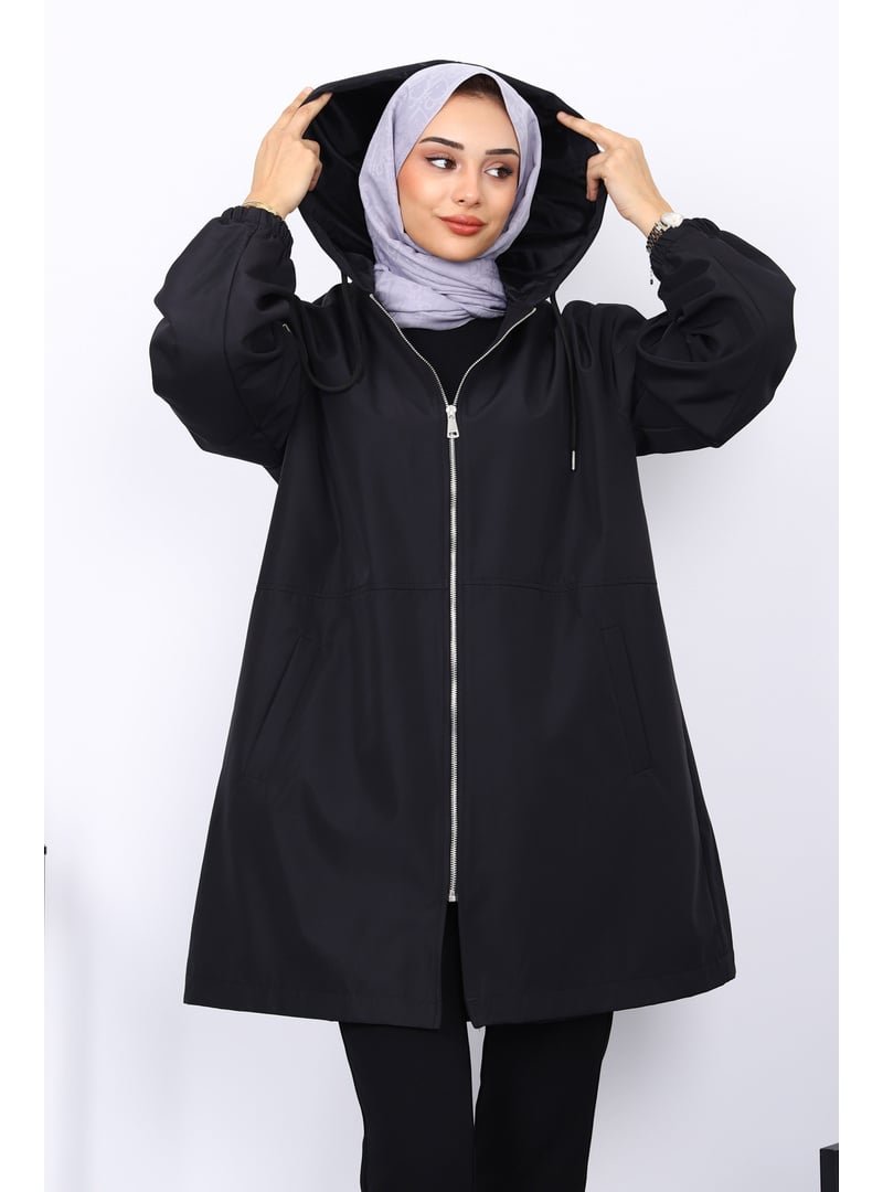 İmaj Butik Siyah Kapüşonlu Arkası Nakışlı Trençkot
