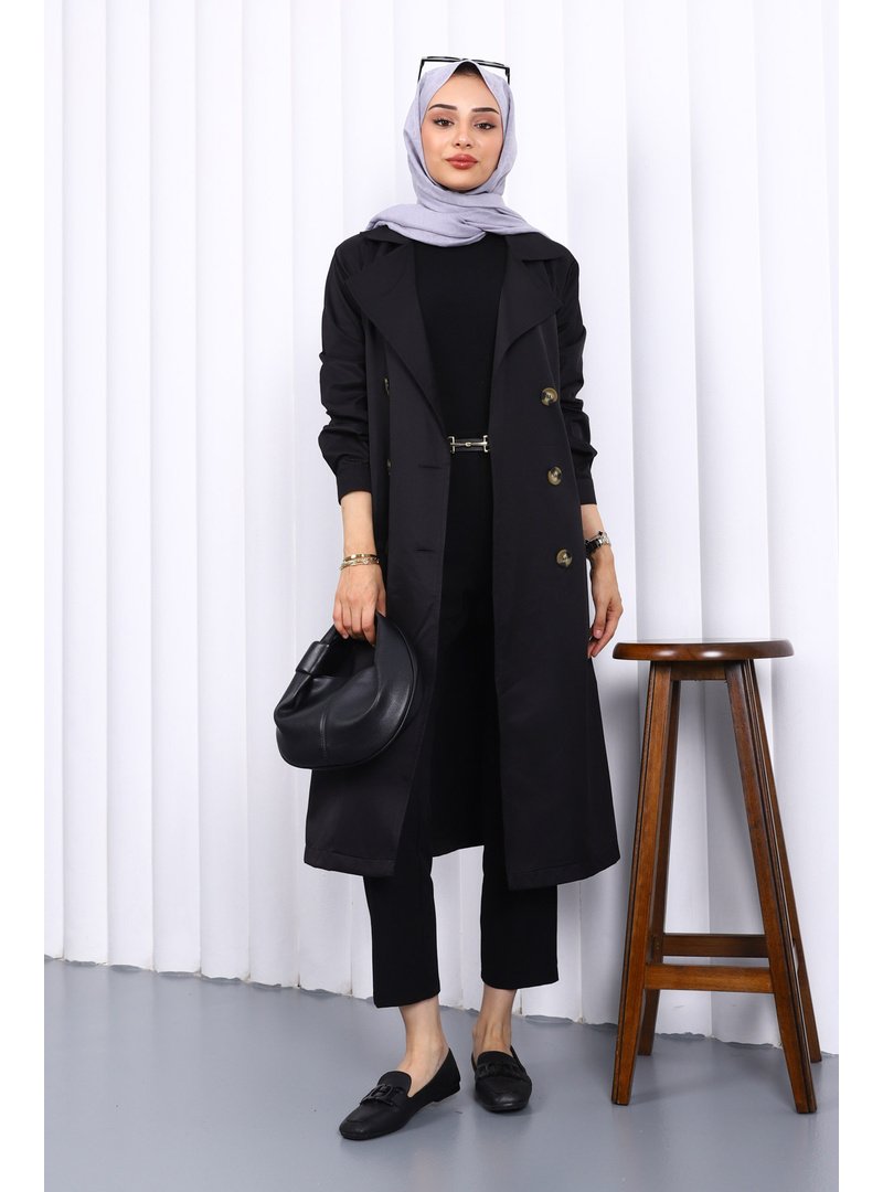 İmaj Butik Siyah Kruvaze Yaka Düğmeli Trençkot