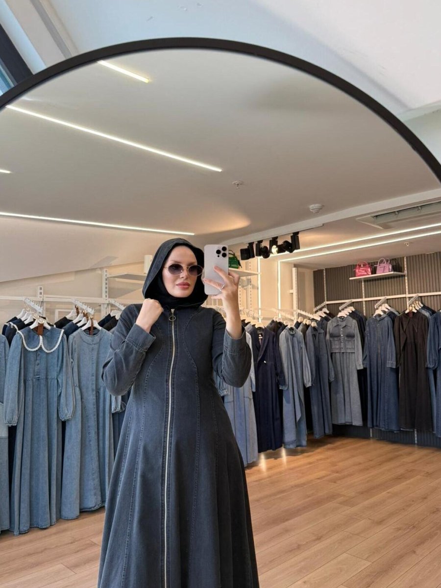 OlaLady Siyah Dalga Dikişli Kapişonlu Denim Kap Pardesü