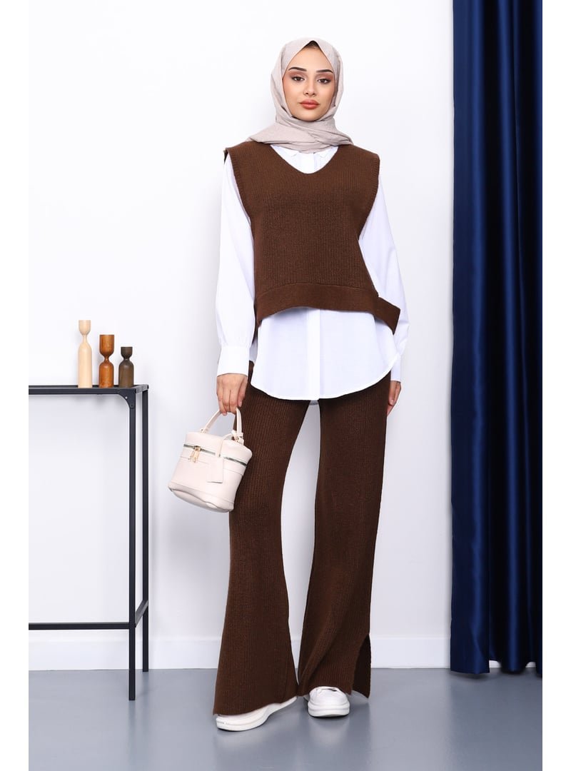 İmaj Butik Kahverengi Gömlekli Üçlü Triko Takım