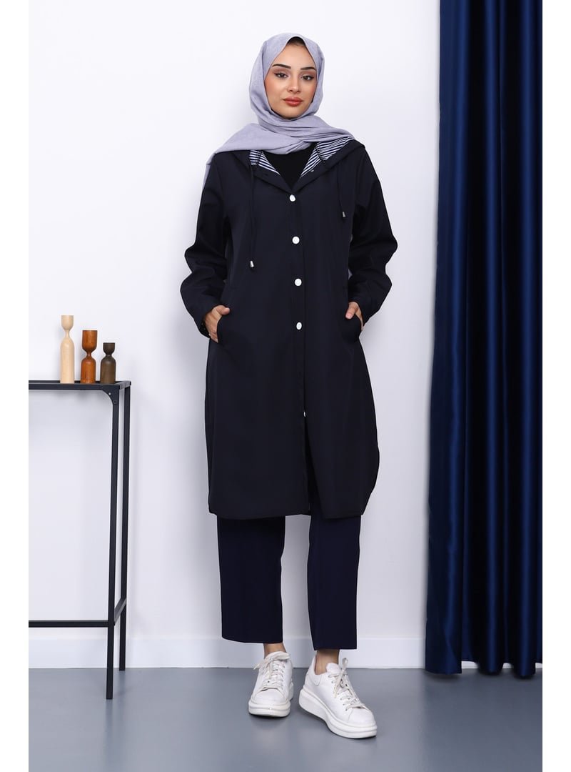 İmaj Butik Lacivert Kapüşonlu Düğme Detaylı Trençkot