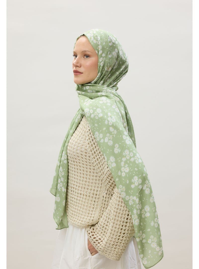 FRESHSCARFS Açık Yeşil Papatya Desen Rami Şal