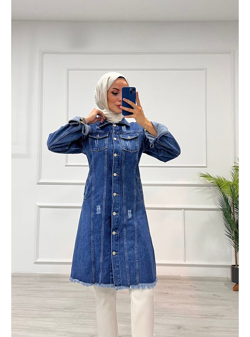 Destemoda Mavi Kot Tunik Püskül Detaylı Çift Cepli Denim Ceket