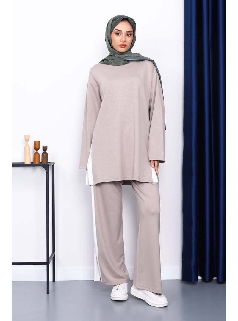İmaj Butik Açık Vizon Renk Bloklu Modal Tunik Pantolonlu Takım