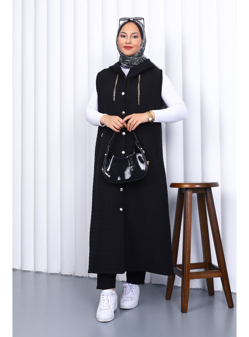 İmaj Butik Siyah Kapüşonlu Kapitone Uzun Yelek