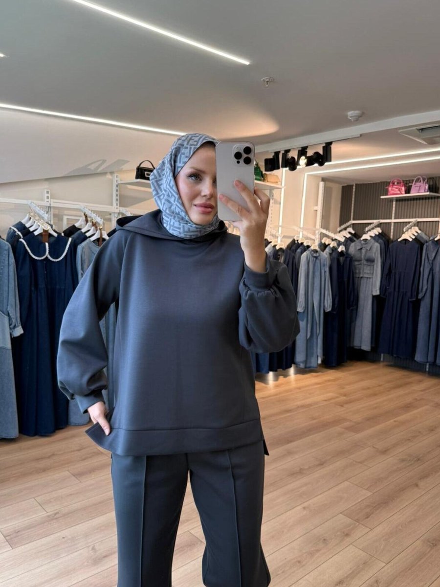 OlaLady Gümüş Pamuklu Kumaş Relaxed Kesim Pantolon Sweatshirt İkili Takım