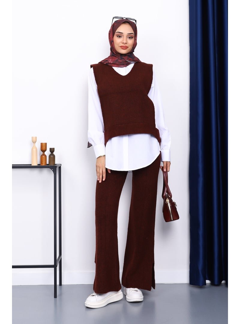 İmaj Butik Bordo Gömlekli Üçlü Triko Takım