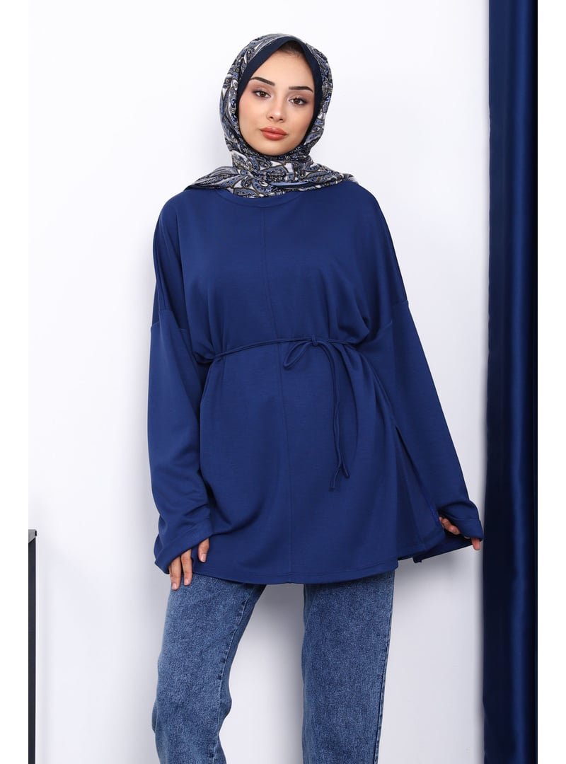 İmaj Butik Lacivert Yanları Yırtmaçlı Bel İpli Tunik
