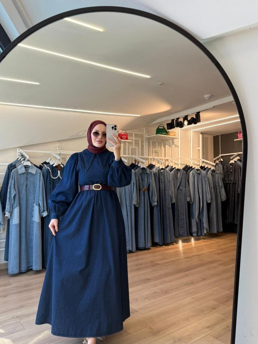 OlaLady Lacivert Sivri Yaka Balon Kollu Tessettür Denim Kot Pardesü