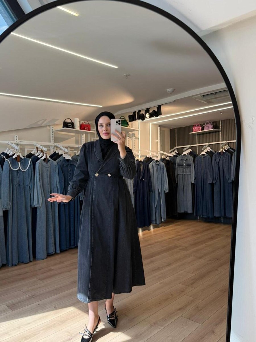 OlaLady Siyah Kruvaze Yaka Çift Düğmeli Denim Kot Kap Pardesü