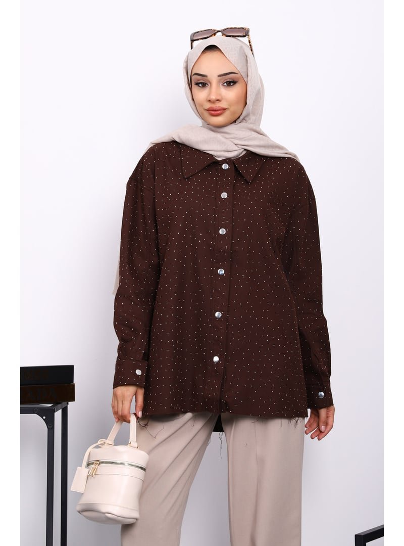 İmaj Butik Kahverengi Taşlı Gabardin Gömlek İmaj Butik Kahverengi Taşlı Gabardin Gömlek
