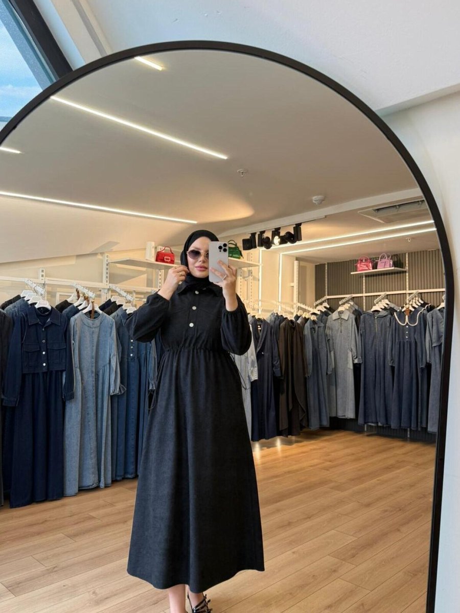 OlaLady Siyah Beli Büzgülü Süet Kumaş Elbise
