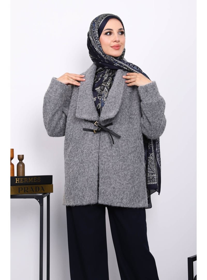 İmaj Butik Gri Kemer Detaylı Kaşe Kaban