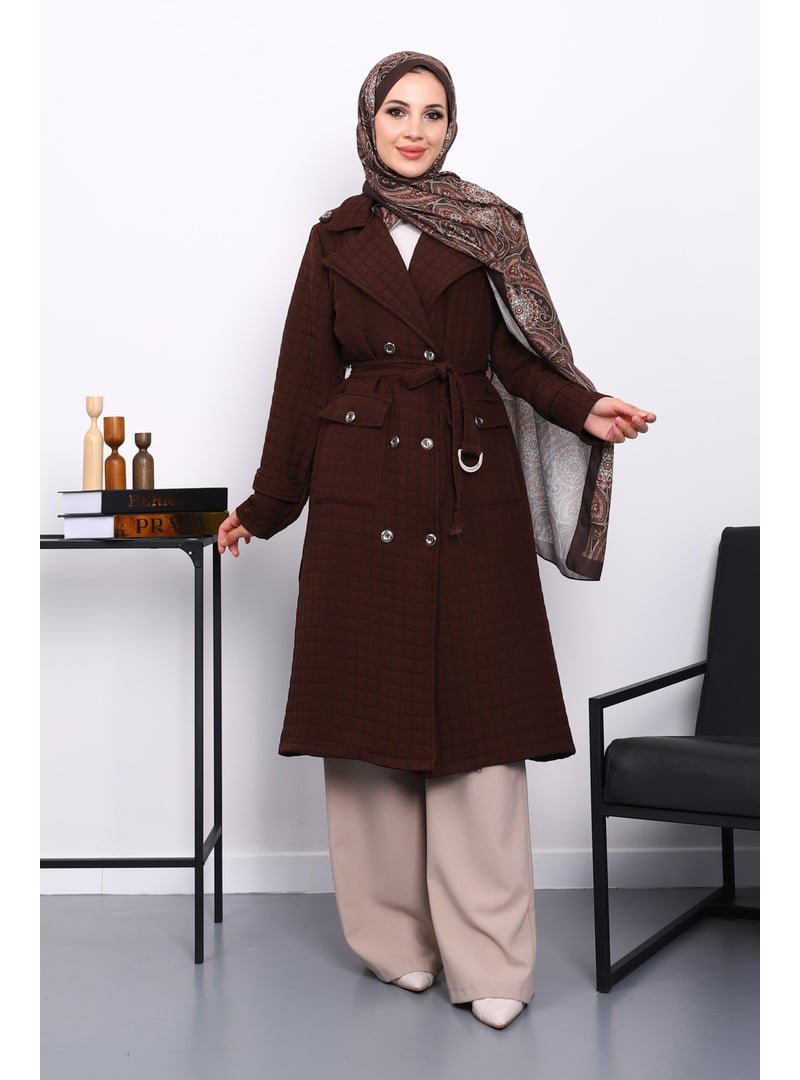İmaj Butik Kahverengi Kuşaklı Cep Detaylı Kapitone Kaban