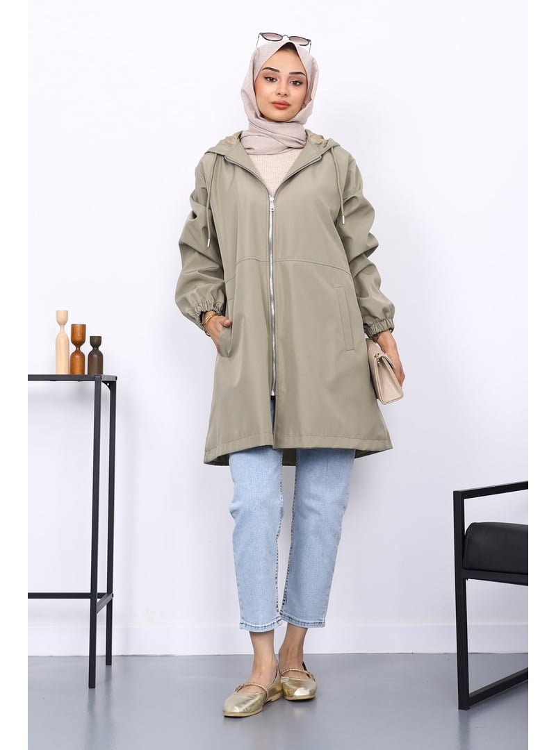 İmaj Butik Haki Kapüşonlu Arkası Nakışlı Trençkot