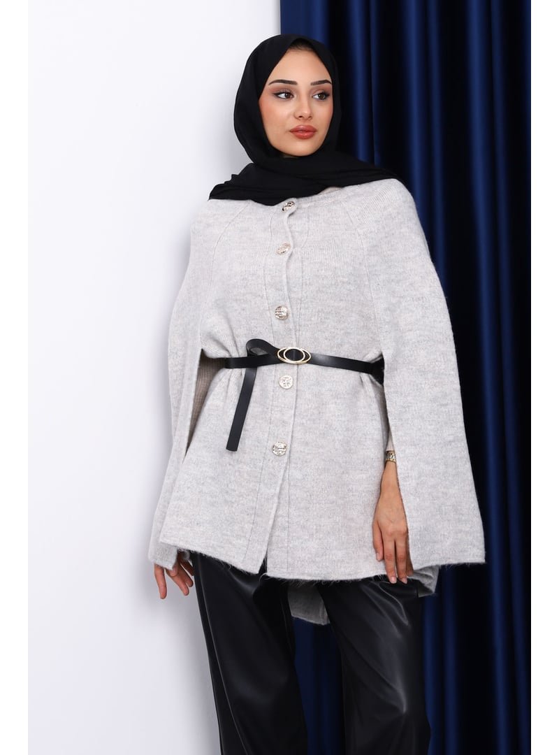 İmaj Butik Gri Kemerli Şordonlu Triko Panço