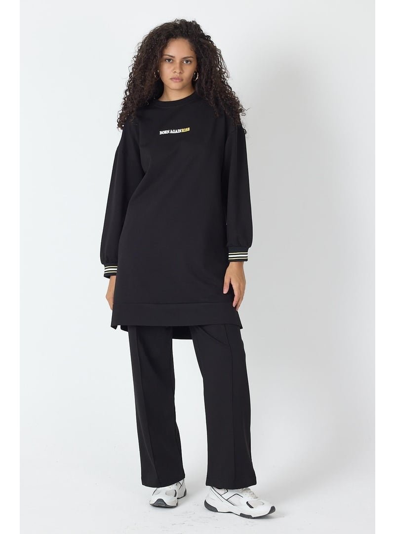 BASICPARK Siyah Etek Ucu Yırtmaçlı Baskı Detaylı Nervürlü Bol Paça Pantolon Sweatshirt Alt Üst Takım